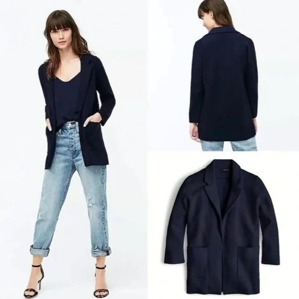 J Crew Sophie Open Front Sweater Blazer Sz S Navy Cardigan Collar Pockets J0244